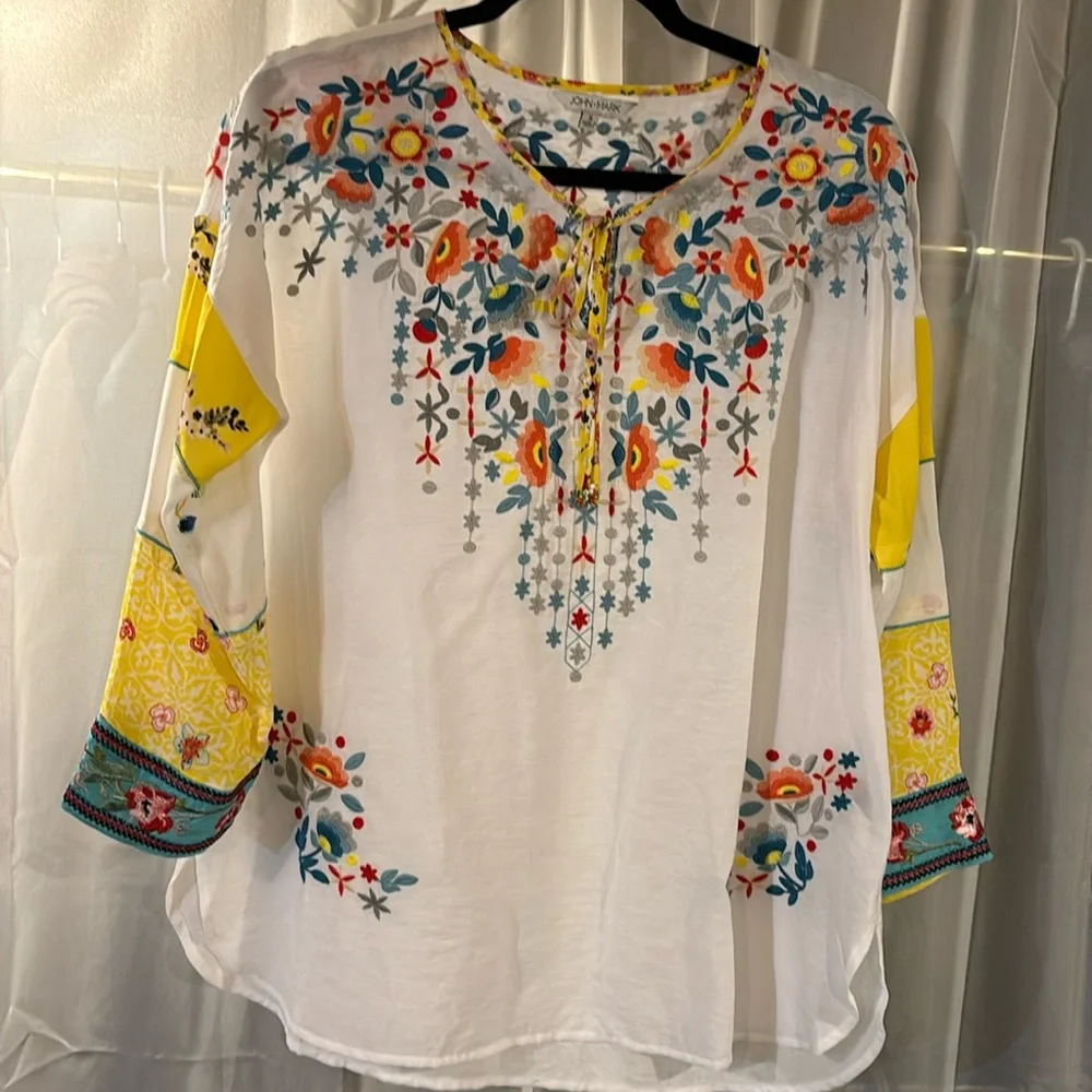John Mark Colorful Embroidered Florals Blouse NWOT